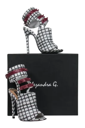 Alejandra G. - White & Black Grid Print Caged "Fiona" Stilettos w/ Maroon Spiked Trim Sz 6