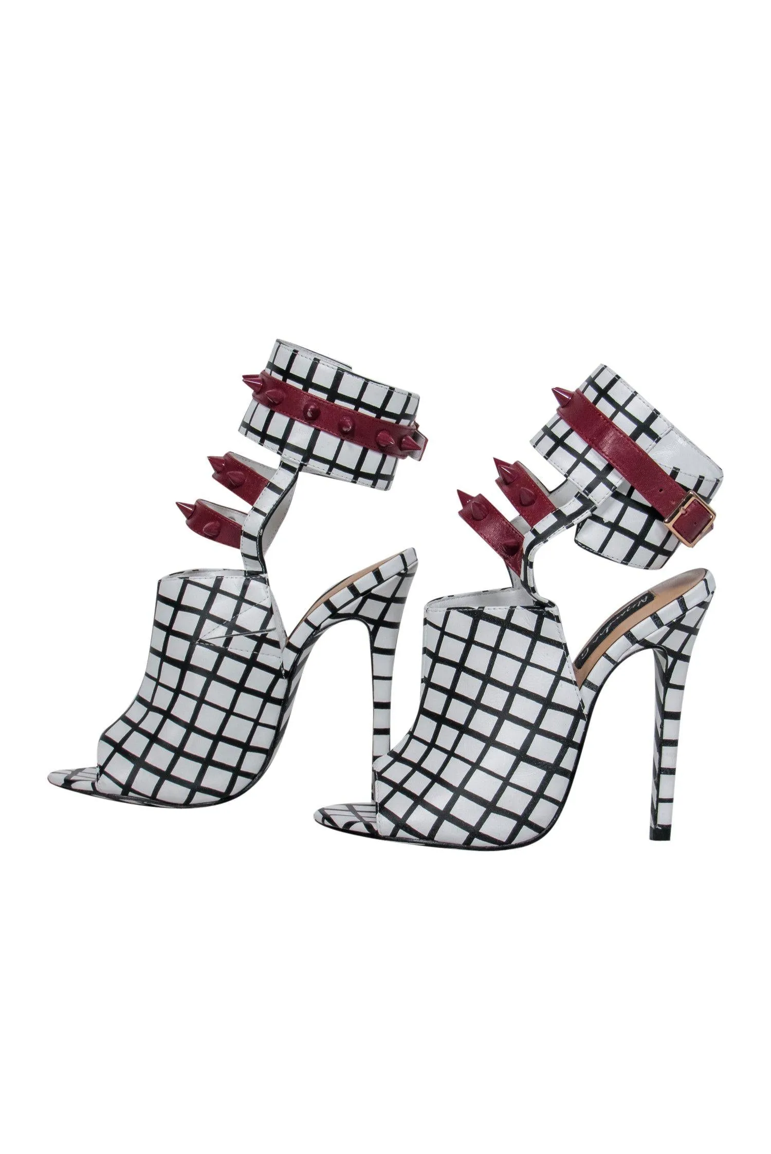 Alejandra G. - White & Black Grid Print Caged "Fiona" Stilettos w/ Maroon Spiked Trim Sz 6