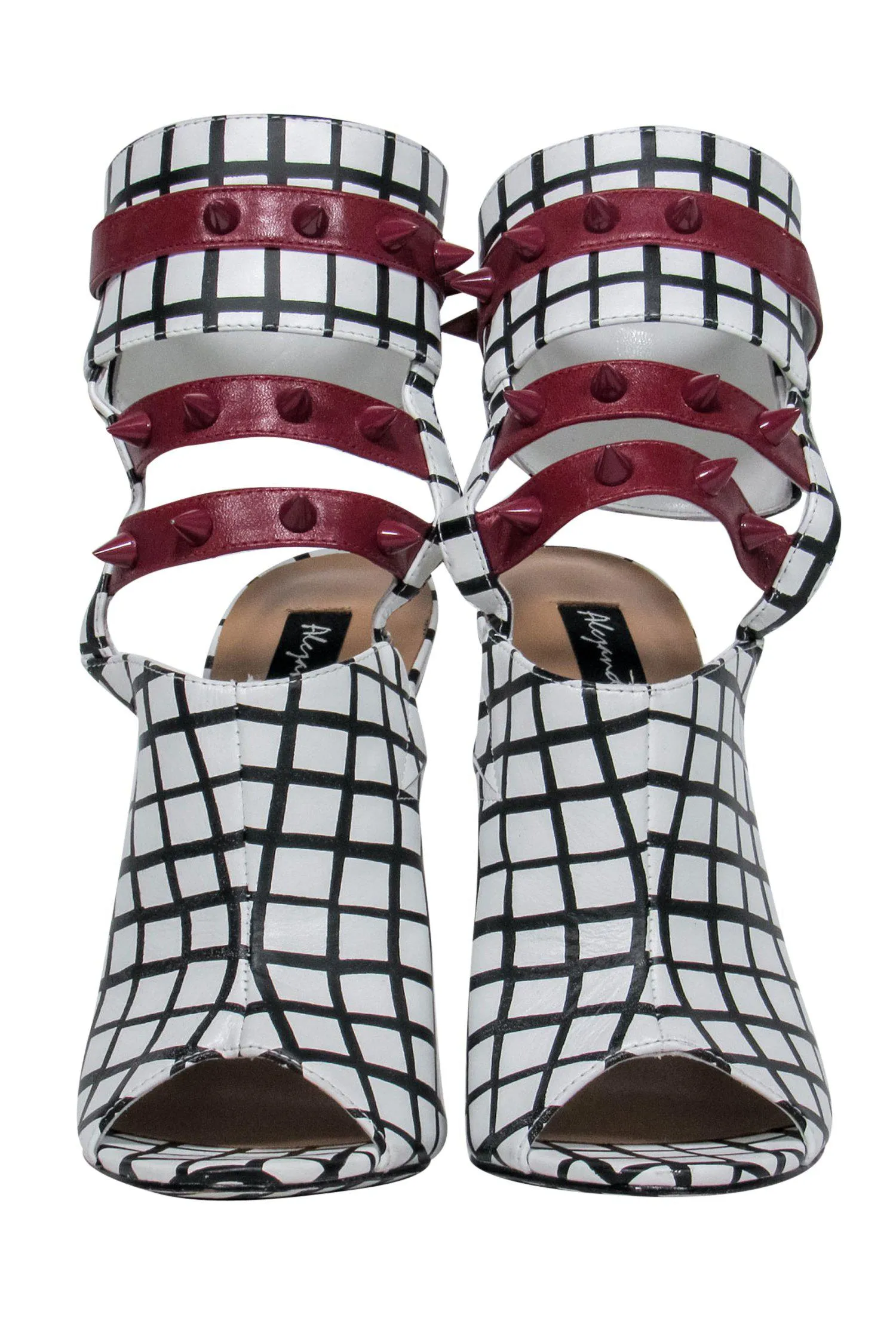 Alejandra G. - White & Black Grid Print Caged "Fiona" Stilettos w/ Maroon Spiked Trim Sz 6