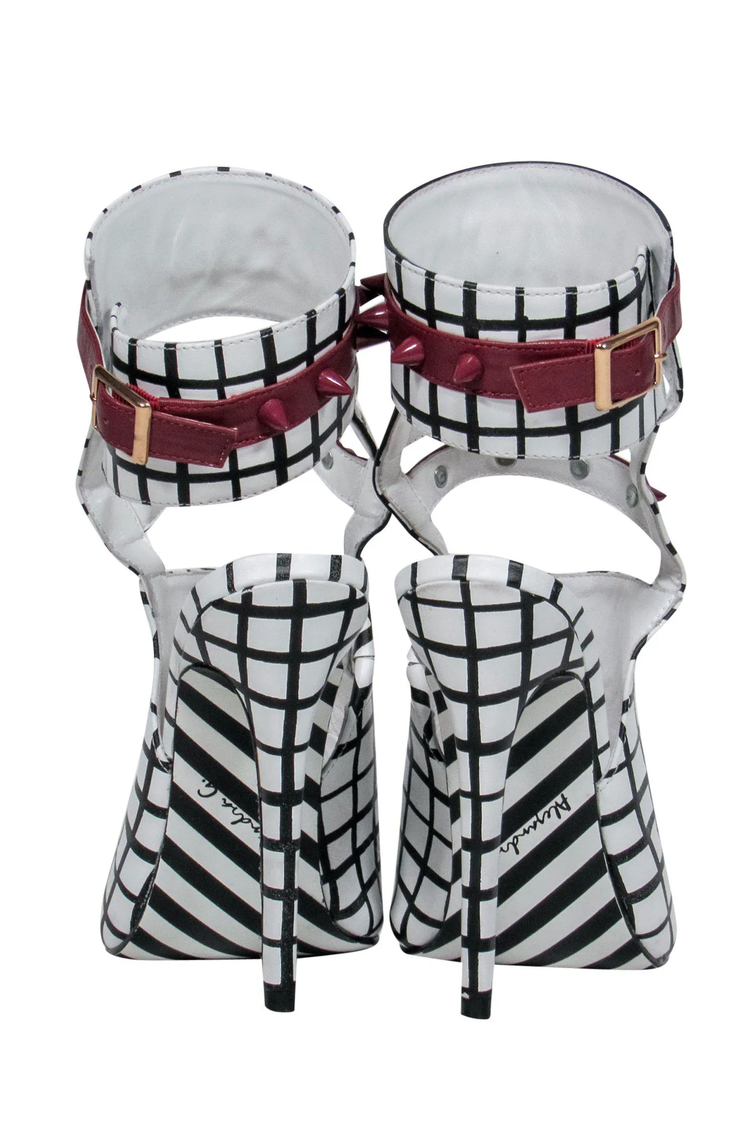 Alejandra G. - White & Black Grid Print Caged "Fiona" Stilettos w/ Maroon Spiked Trim Sz 6