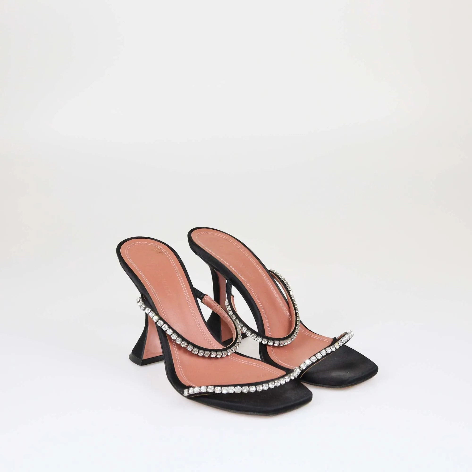 Amina Muaddi Black Satin Crystal Embellished Gilda Sandals