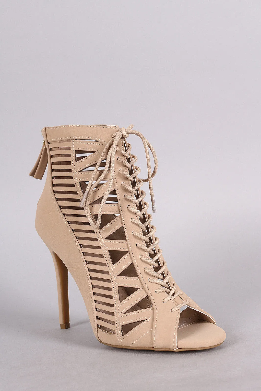 Anne Michelle Nubuck Caged Lace Up Peep Toe Booties