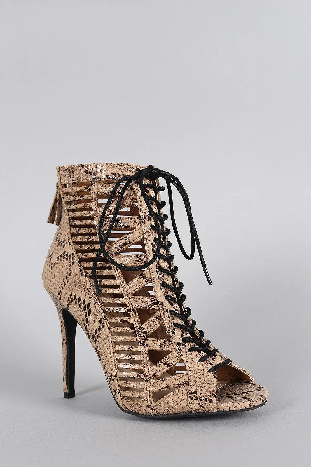 Anne Michelle Python Caged Lace Up Bootie