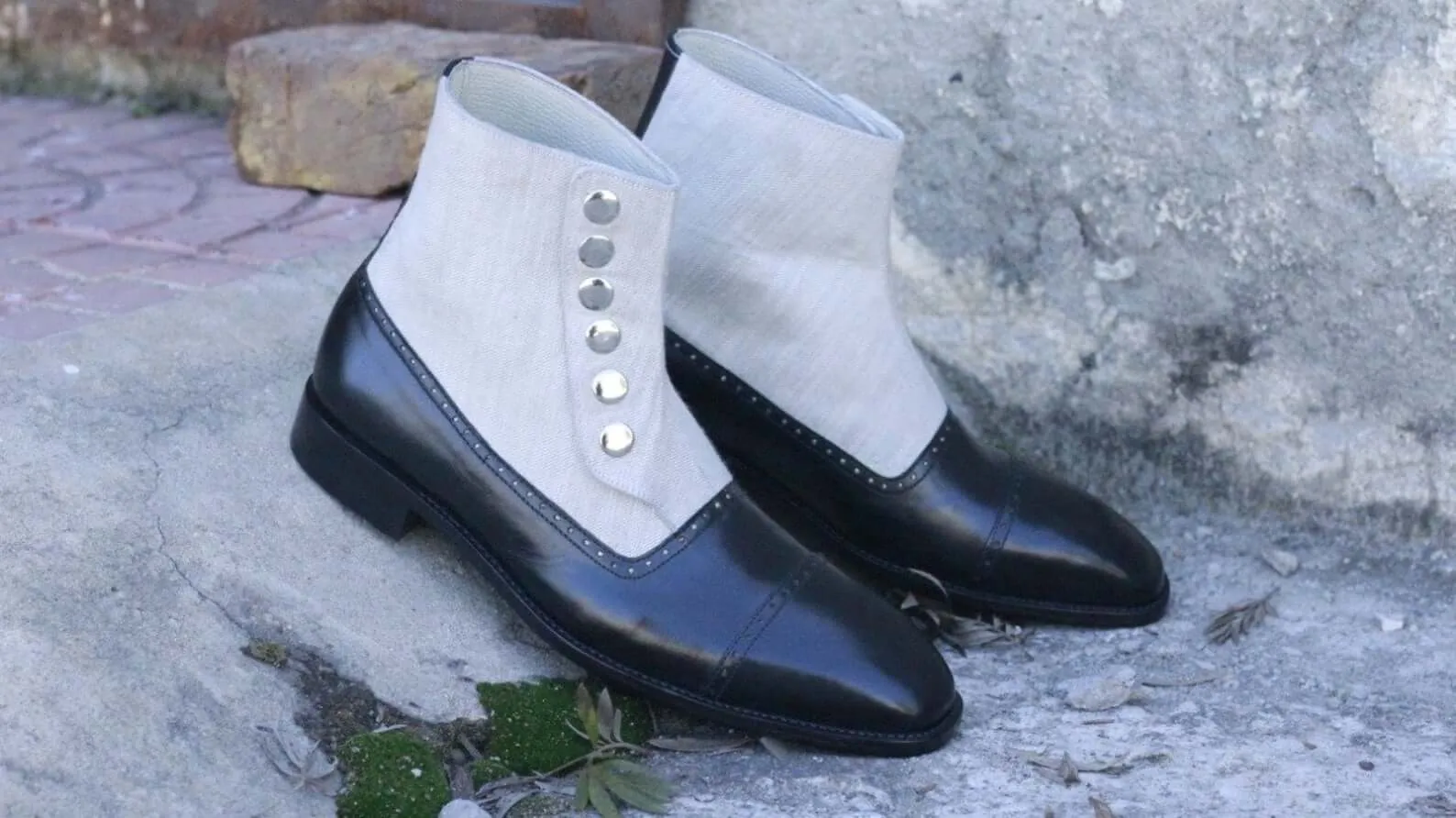 Awesome Handmade Men's Black Leather Fabric Cap Toe Button Boots, Men Fashion Ankle Boots