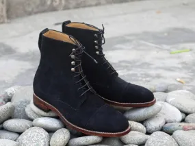 Awesome Handmade Men's Black Suede Cap Toe Lace Up Boots, Men Fashion Ankle Boots