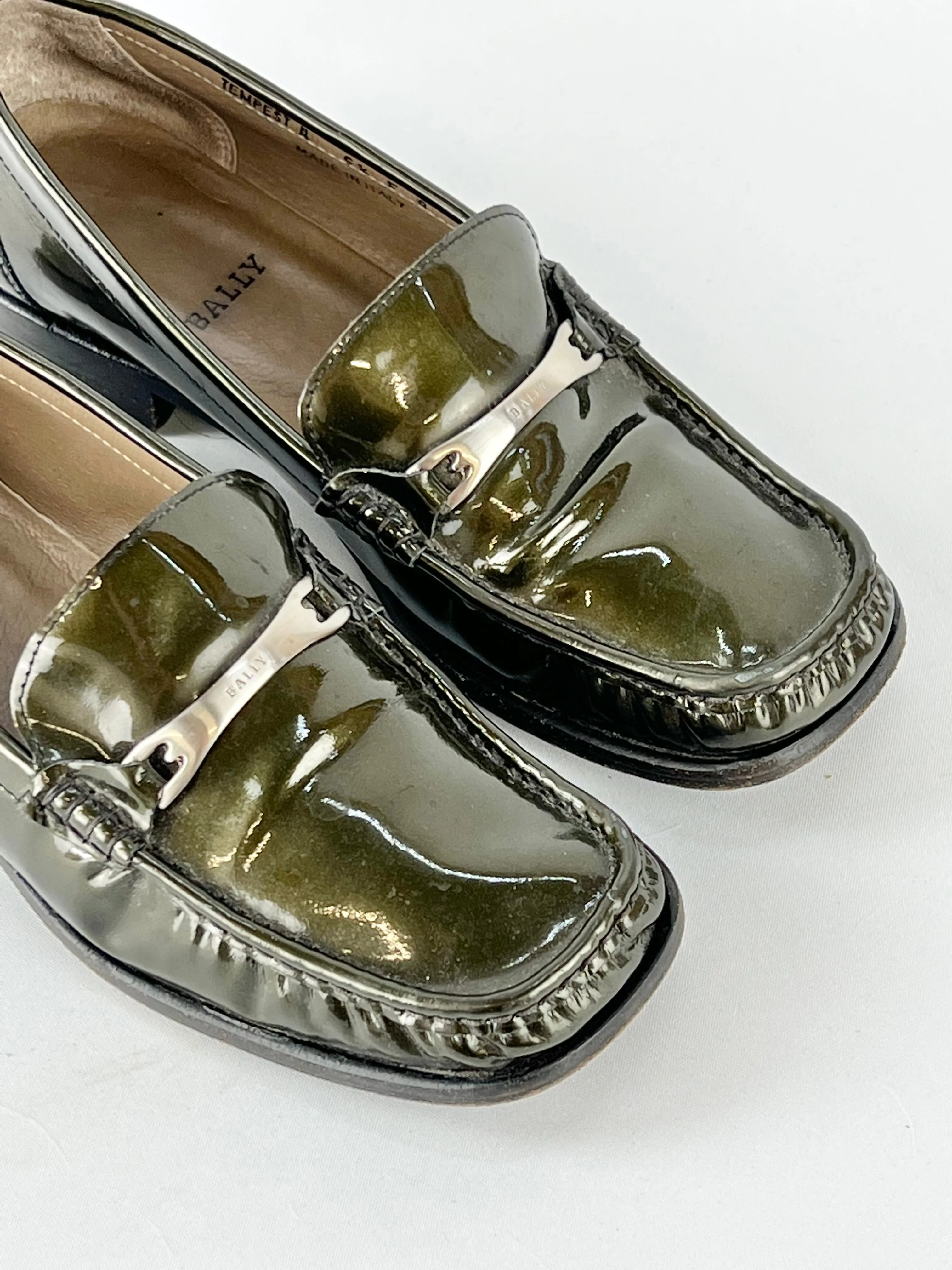 Bally Tempest Patent Olive Horsebit Loafers - EU38