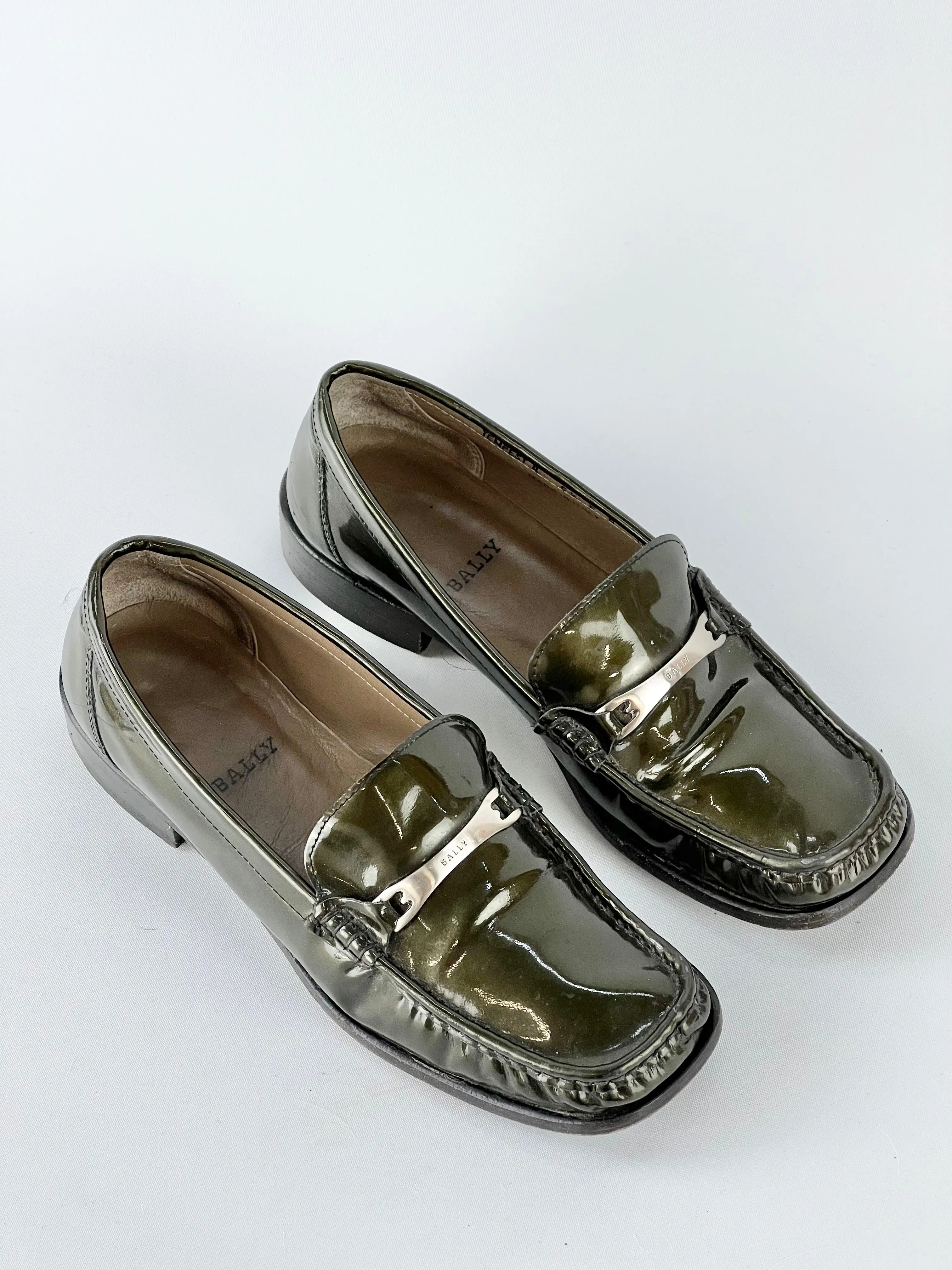 Bally Tempest Patent Olive Horsebit Loafers - EU38