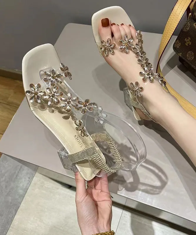 Beige Floral Crystal Splicing Chunky Heel Sandals Peep Toe