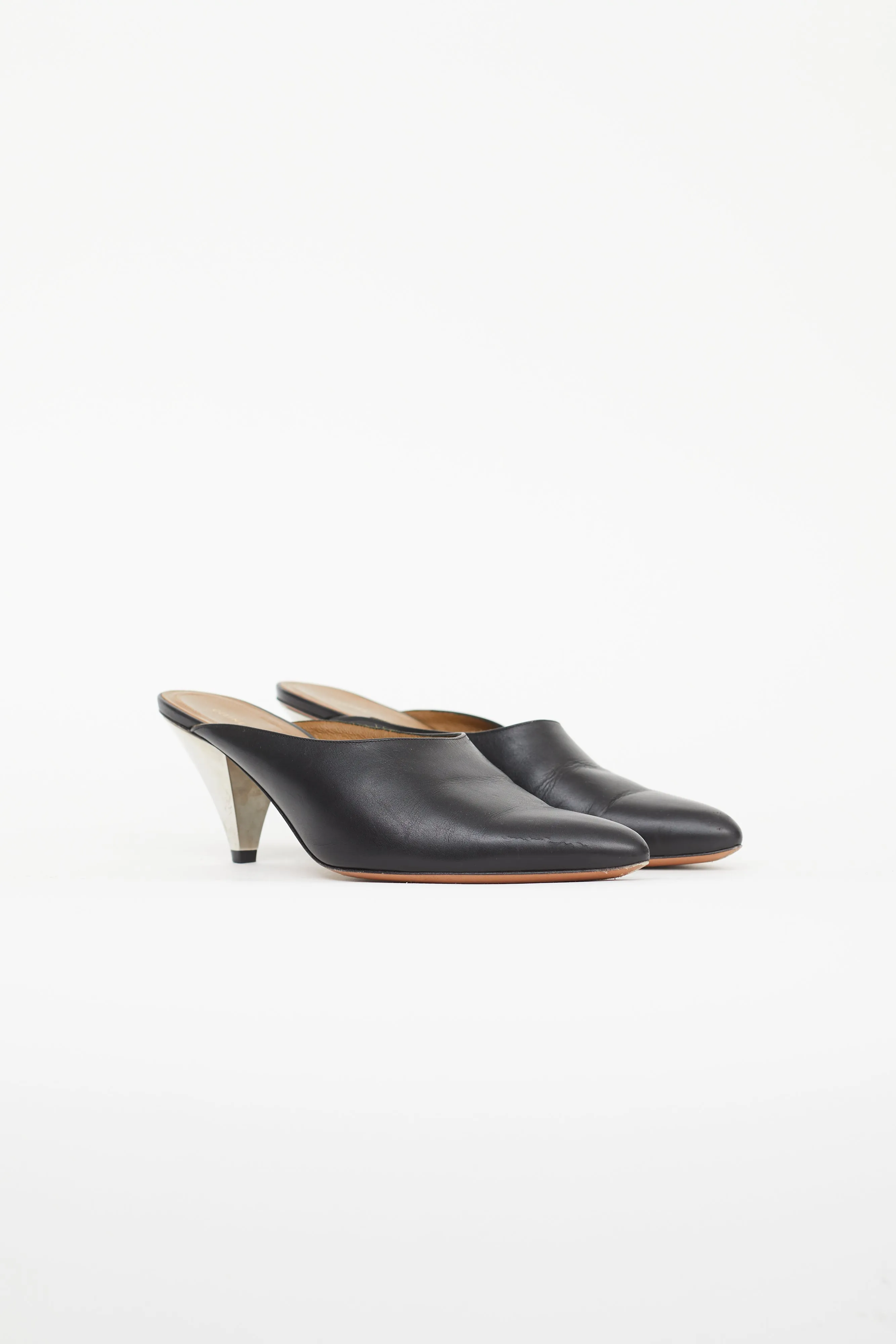 Black Leather & Silver Cone Mule