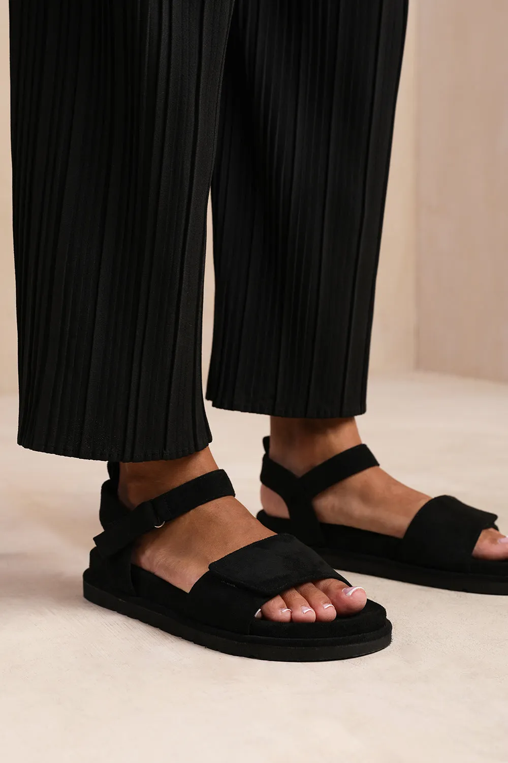 Black Suede Designer Velcro Strap Sandals