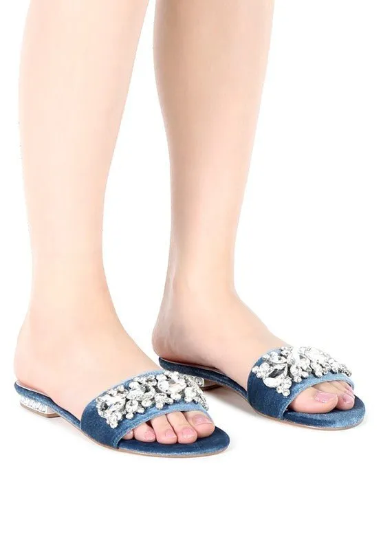 Blue Crystal Embellished Flat Sandals