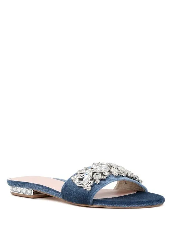 Blue Crystal Embellished Flat Sandals