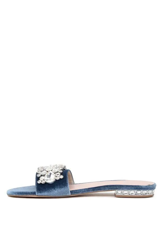 Blue Crystal Embellished Flat Sandals