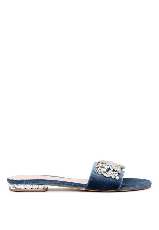 Blue Crystal Embellished Flat Sandals