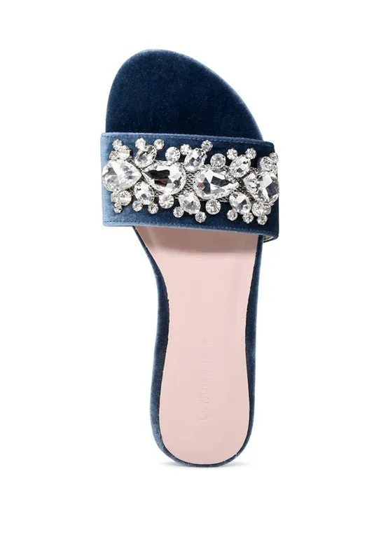 Blue Crystal Embellished Flat Sandals