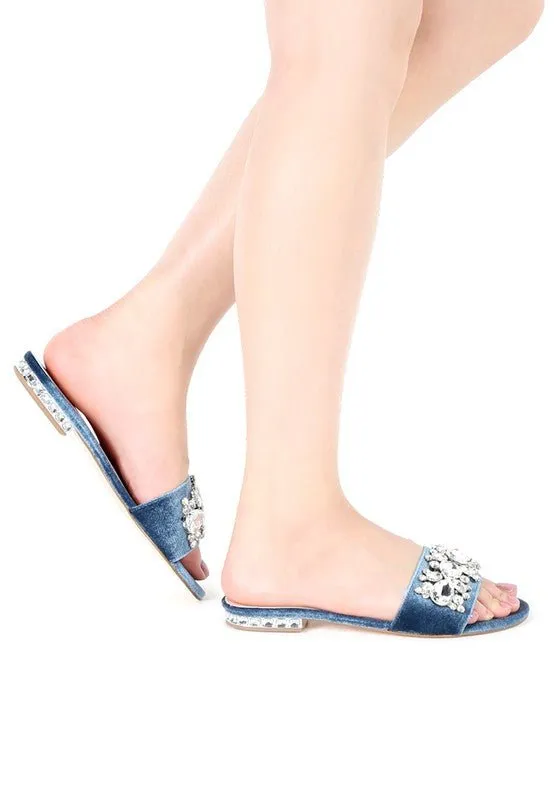 Blue Crystal Embellished Flat Sandals