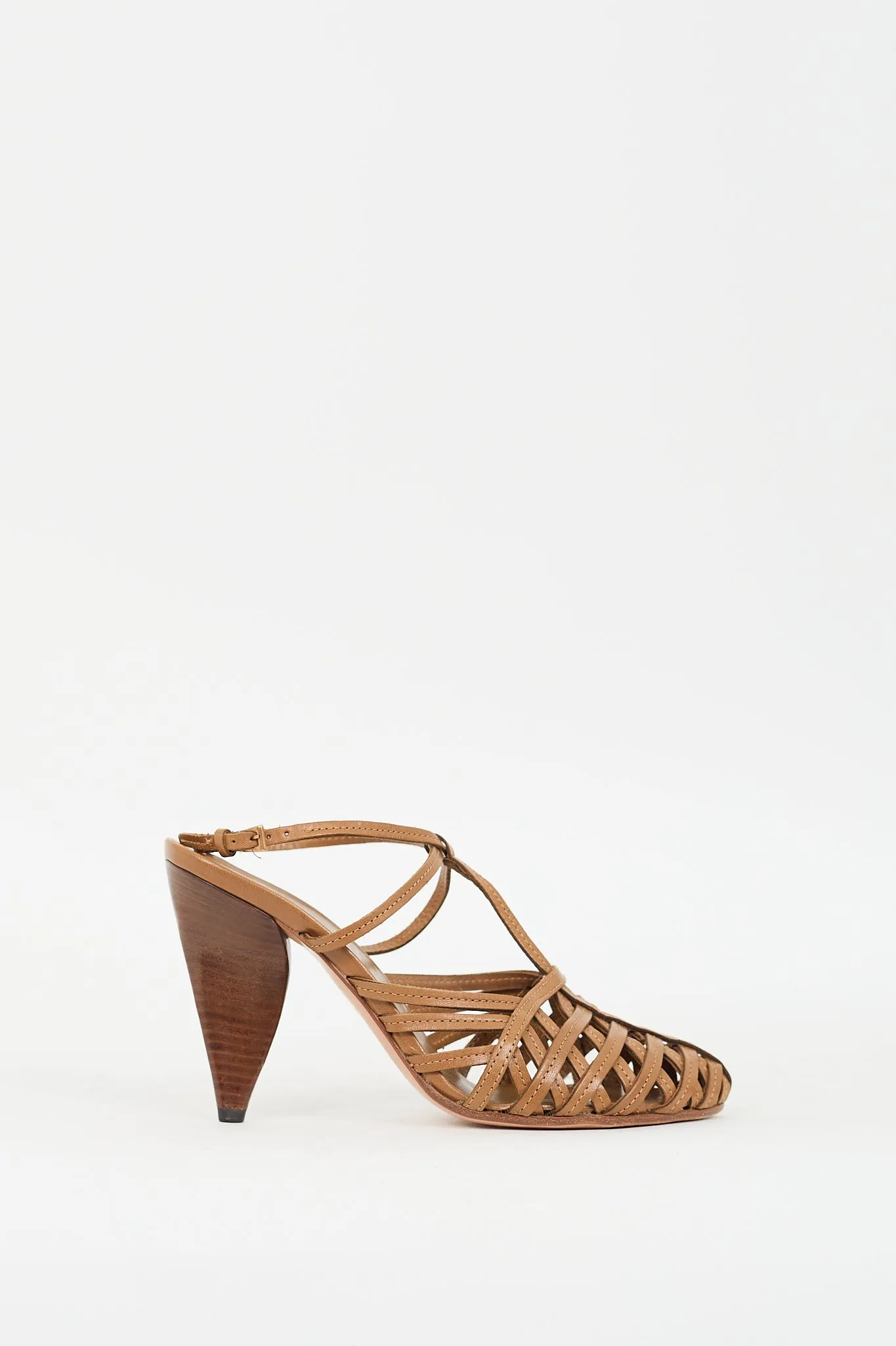 Brown Leather Woven T-Strap Pump