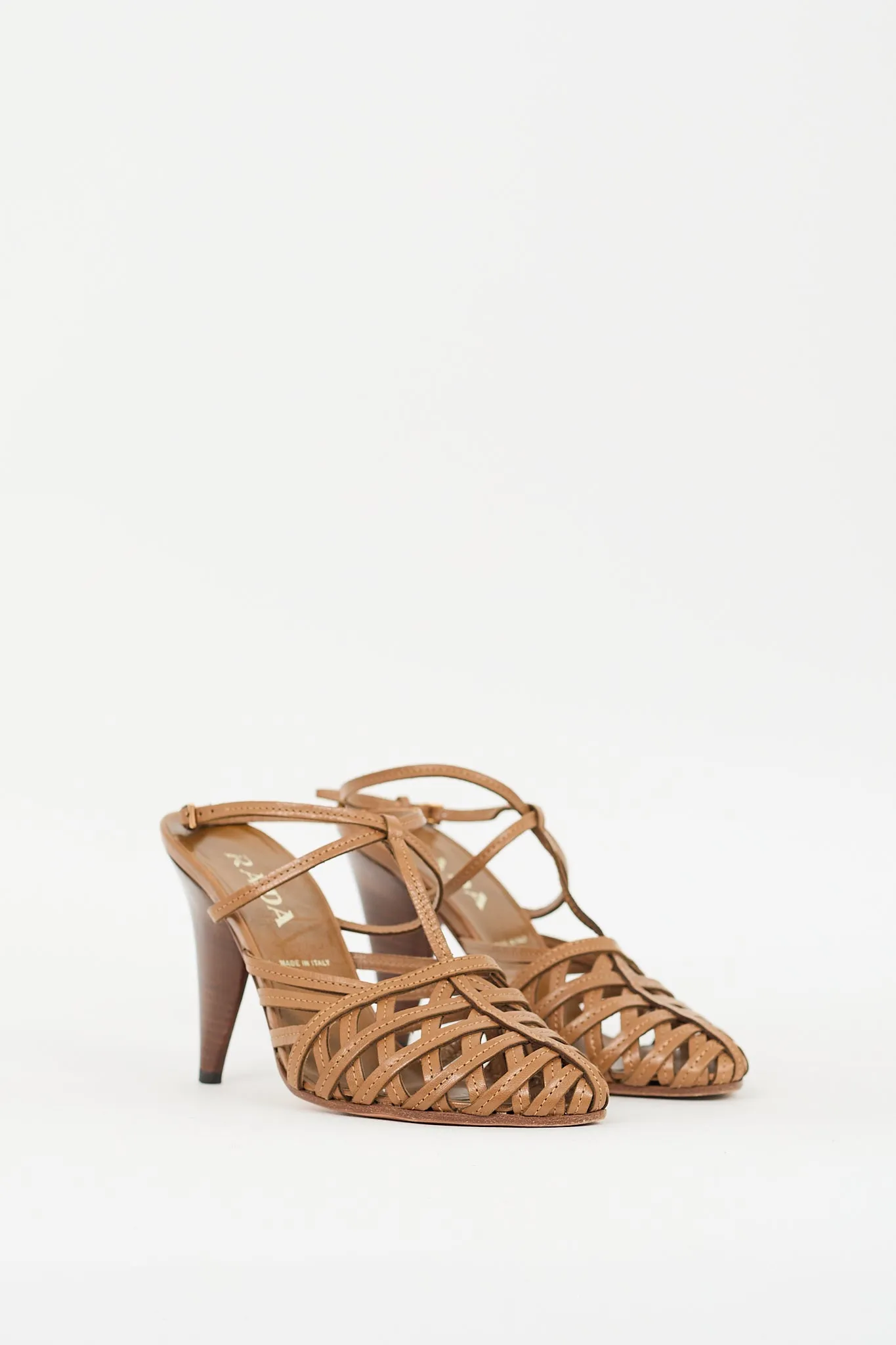 Brown Leather Woven T-Strap Pump