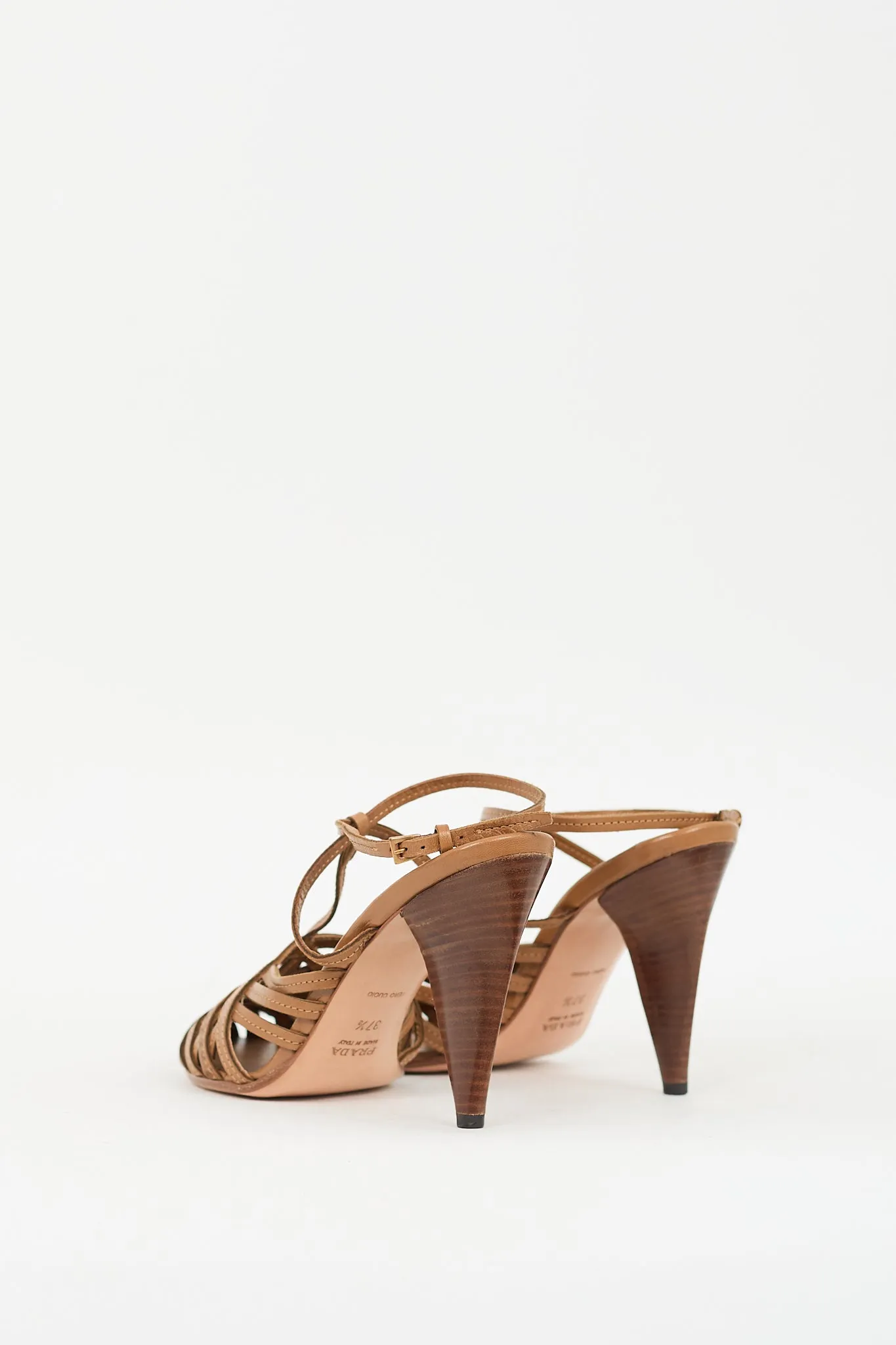 Brown Leather Woven T-Strap Pump