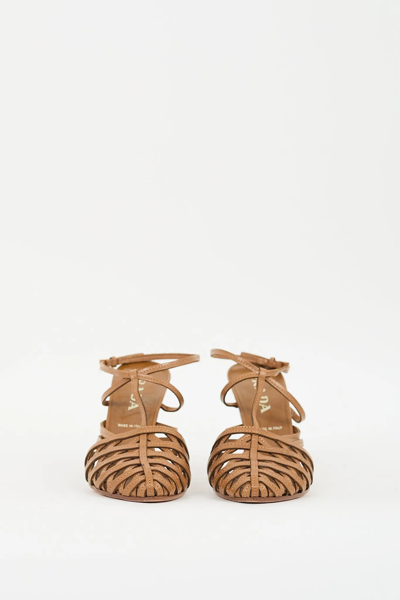 Brown Leather Woven T-Strap Pump