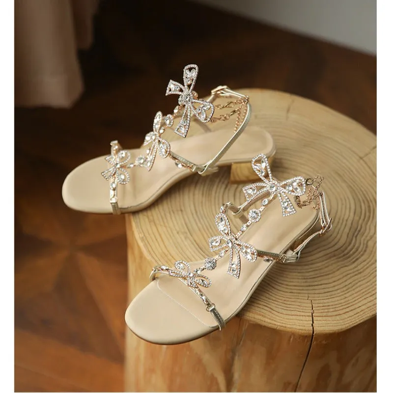 Butterfly Bow French Fairy Style Strappy Chunky Heeled Crystal High Heels Sandals