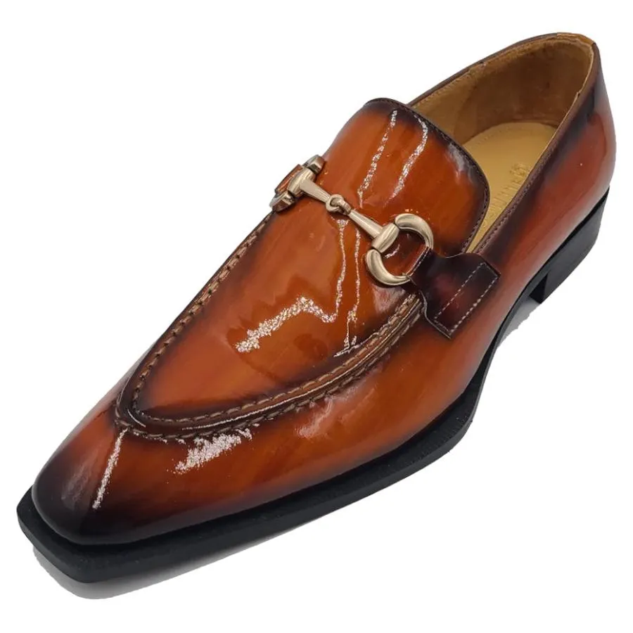 Carrucci Cognac Men's Patent Leather Shoes Slip-On Gold Buckle KS303-01P