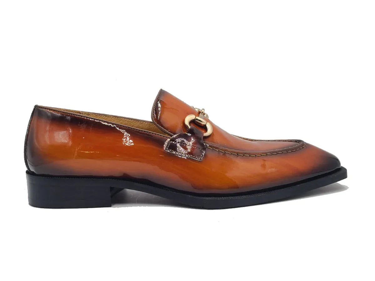 Carrucci Cognac Men's Patent Leather Shoes Slip-On Gold Buckle KS303-01P