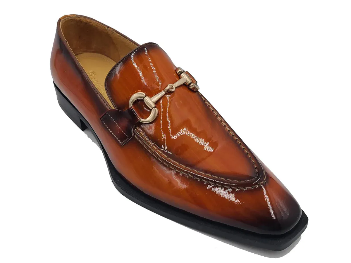 Carrucci Cognac Men's Patent Leather Shoes Slip-On Gold Buckle KS303-01P