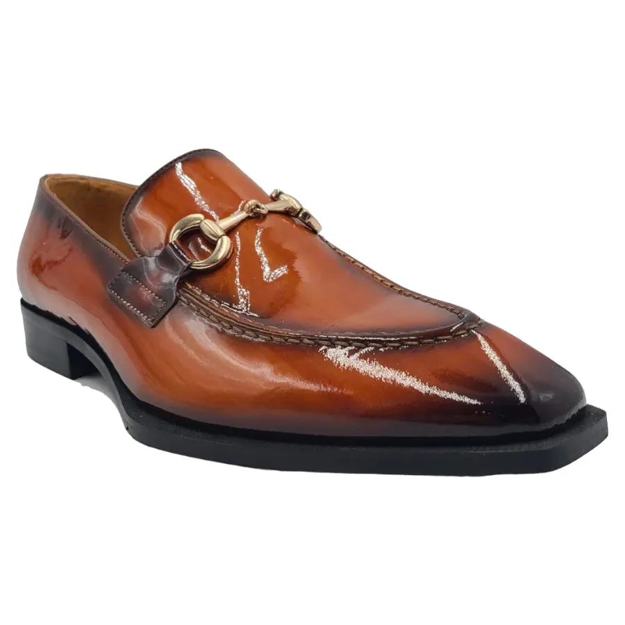 Carrucci Cognac Men's Patent Leather Shoes Slip-On Gold Buckle KS303-01P