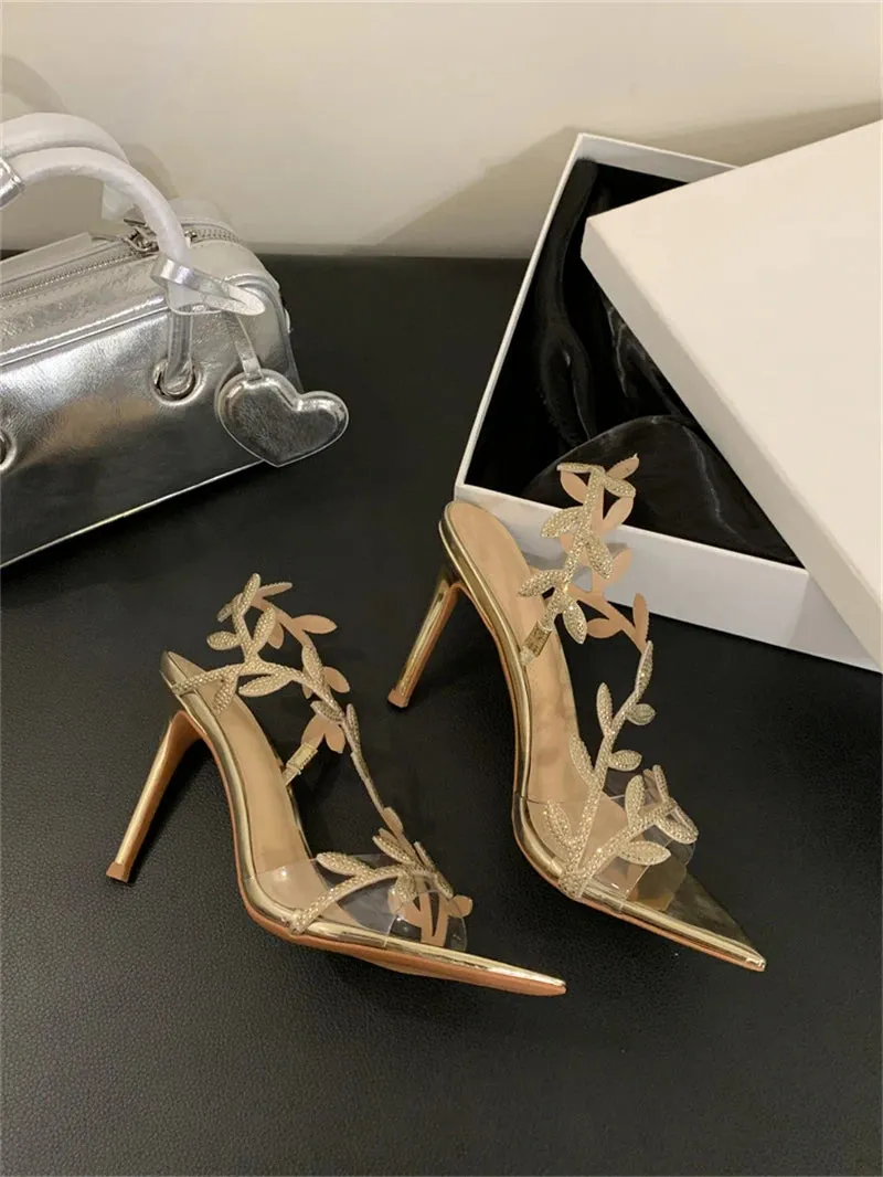 Crystal Rhinestone Gold Leaf Women Sandals