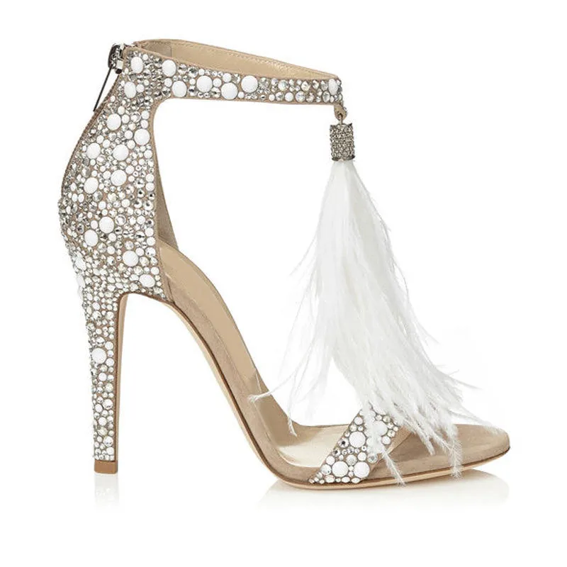 Crystal Tassels Open Toe Ankle Wrap Stiletto High Heels Sandals