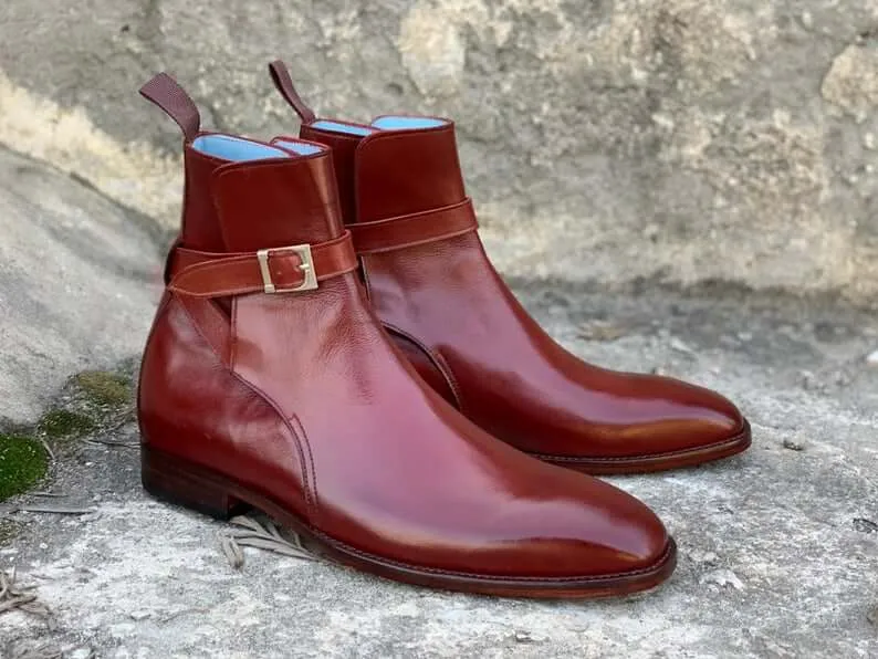 Elegant Handmade Men's Burgundy Leather Jodhpur Strap Boots, Men Ankle Boots, Men Fashion Boots