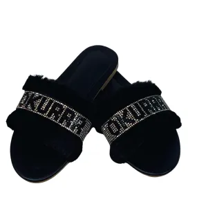 Faux Fur Crystal Slides Okurr Slides Rhinestone Slippers Open Toe Slip Ons