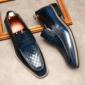 Geometric Pattern Genuine Leather Men's Loafers