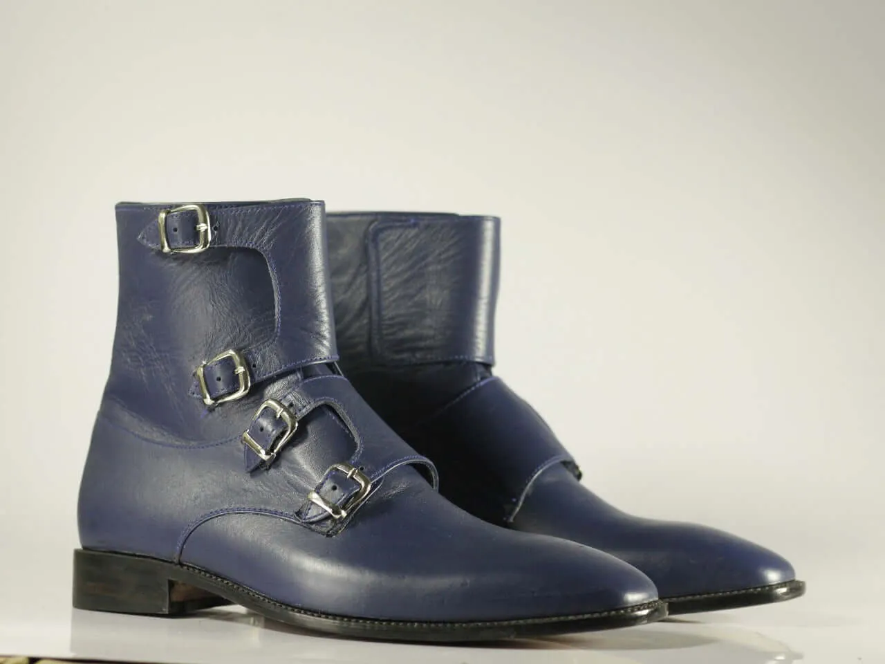 Handmade Men's Blue Quad Monk Straps Leather Ankle Boots, Men Designer Boots