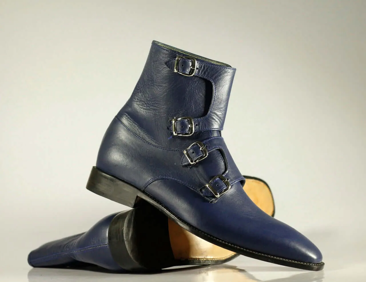 Handmade Men's Blue Quad Monk Straps Leather Ankle Boots, Men Designer Boots