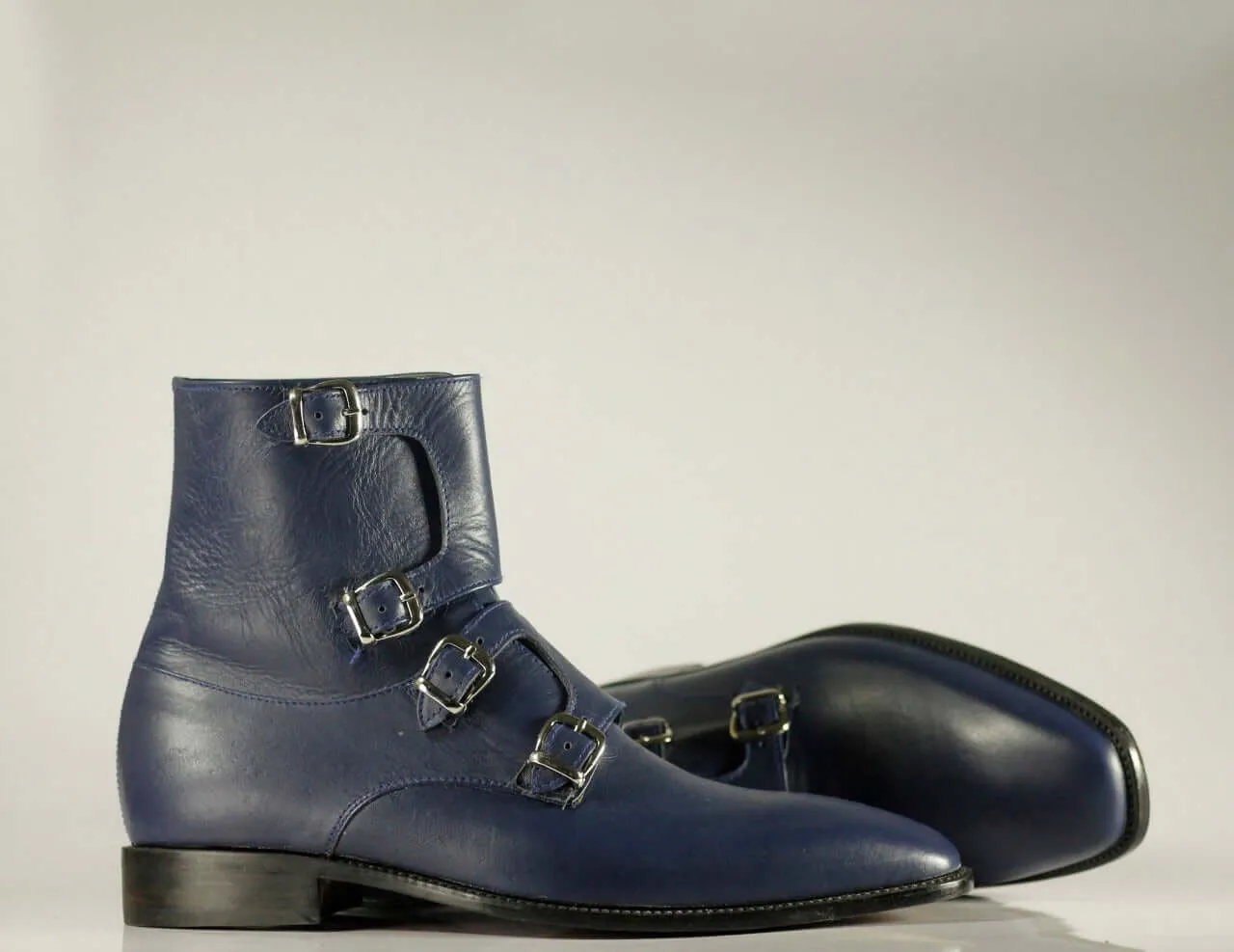 Handmade Men's Blue Quad Monk Straps Leather Ankle Boots, Men Designer Boots