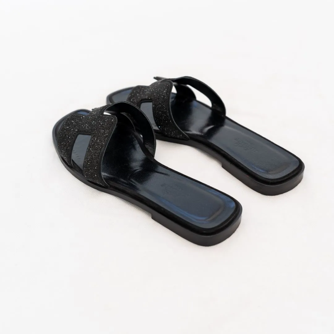 Hermès Black Crystal Oran Sandals 37.5