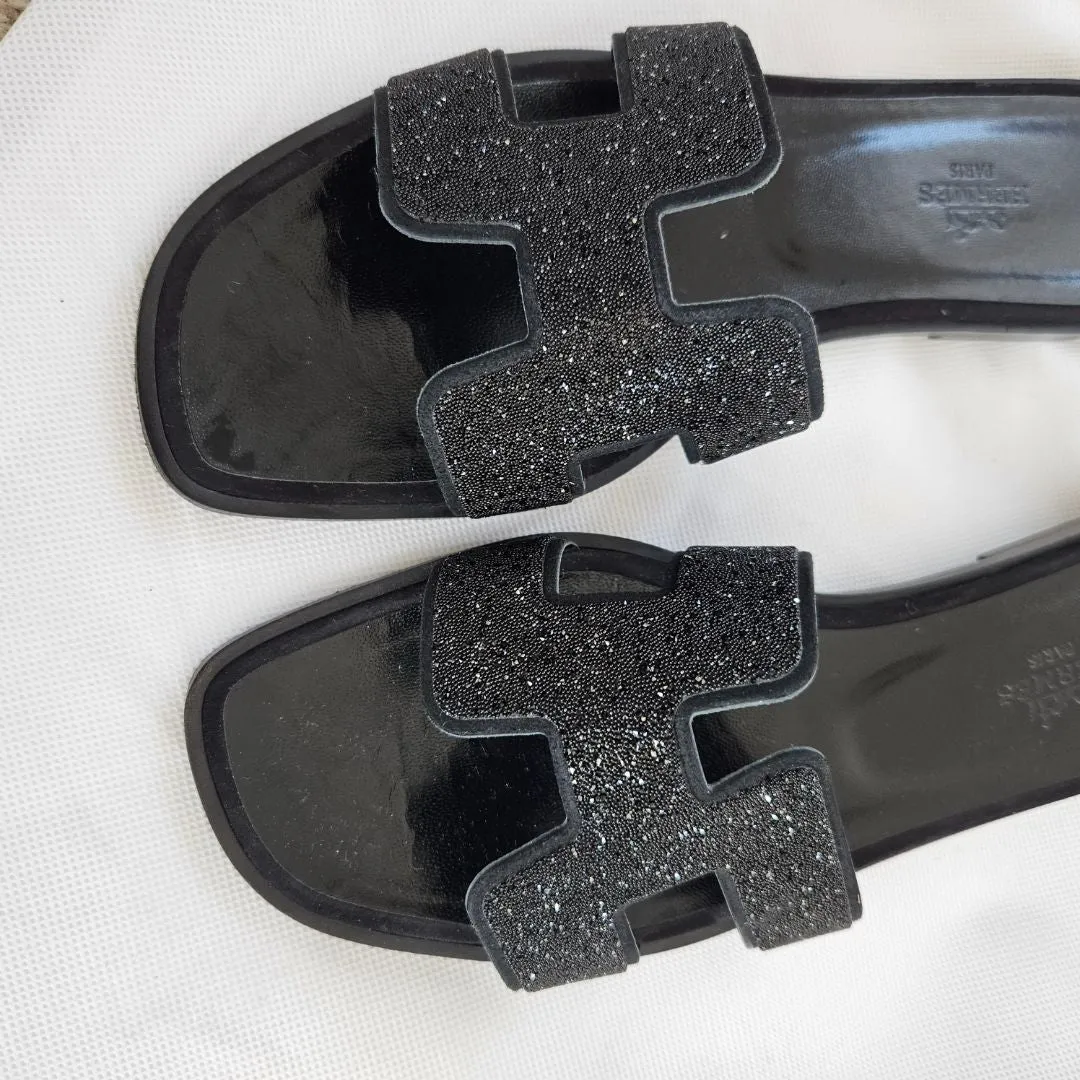 Hermès Black Crystal Oran Sandals 37.5