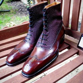 New Handmade Men's Burgundy Wing Tip Brogue Leather Ankle Boots, Men Designer Boots