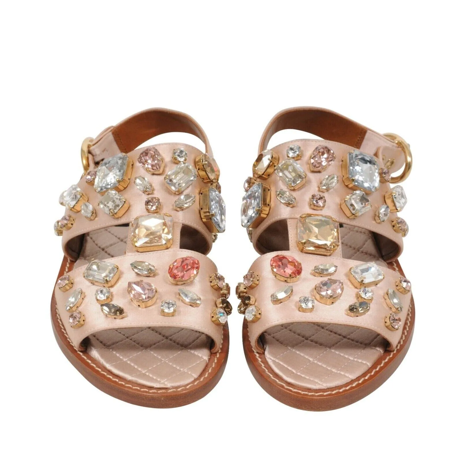 Tan Satin Crystal Bejeweled Mule Flats Sandals