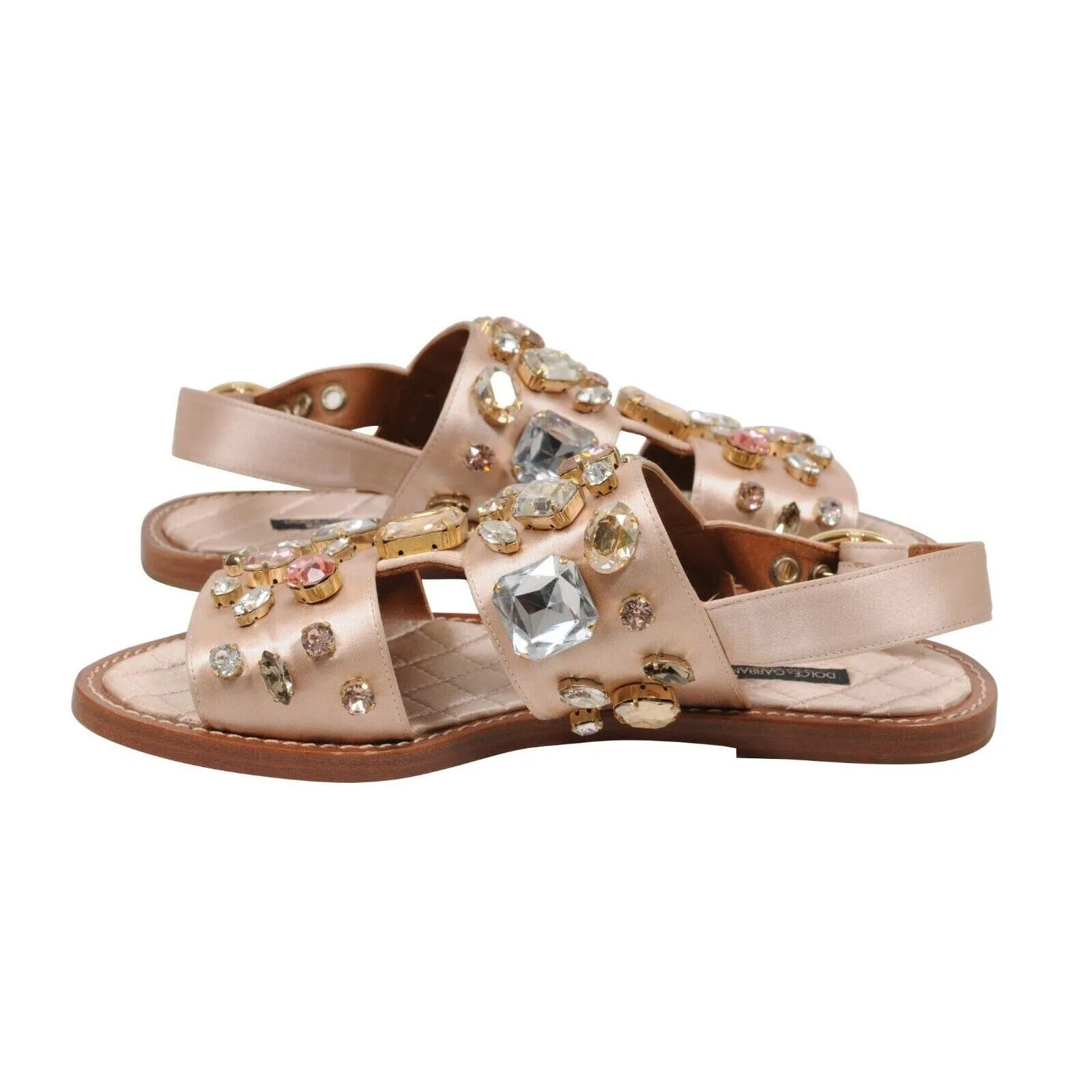 Tan Satin Crystal Bejeweled Mule Flats Sandals