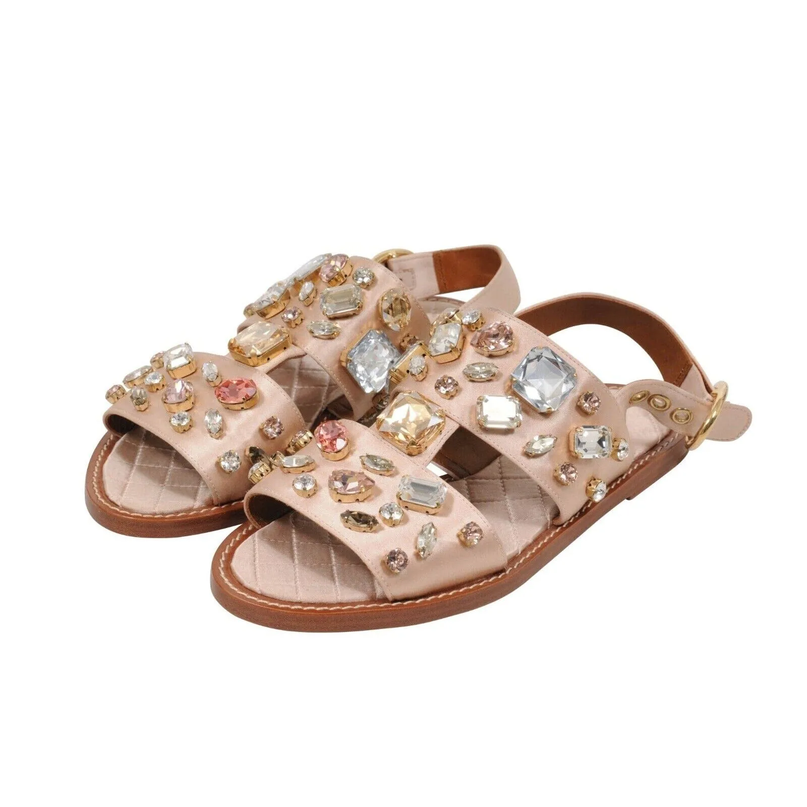 Tan Satin Crystal Bejeweled Mule Flats Sandals