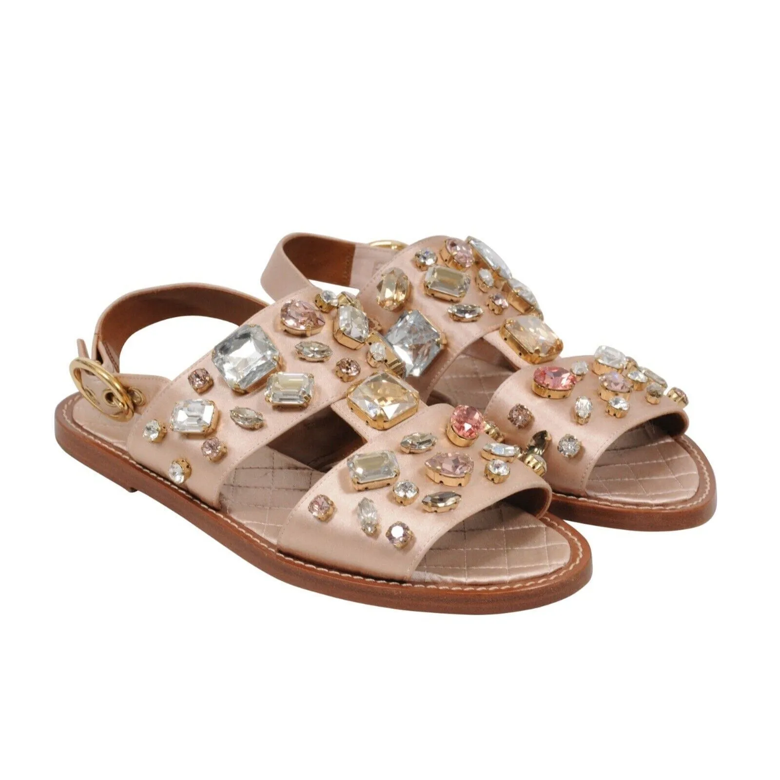 Tan Satin Crystal Bejeweled Mule Flats Sandals