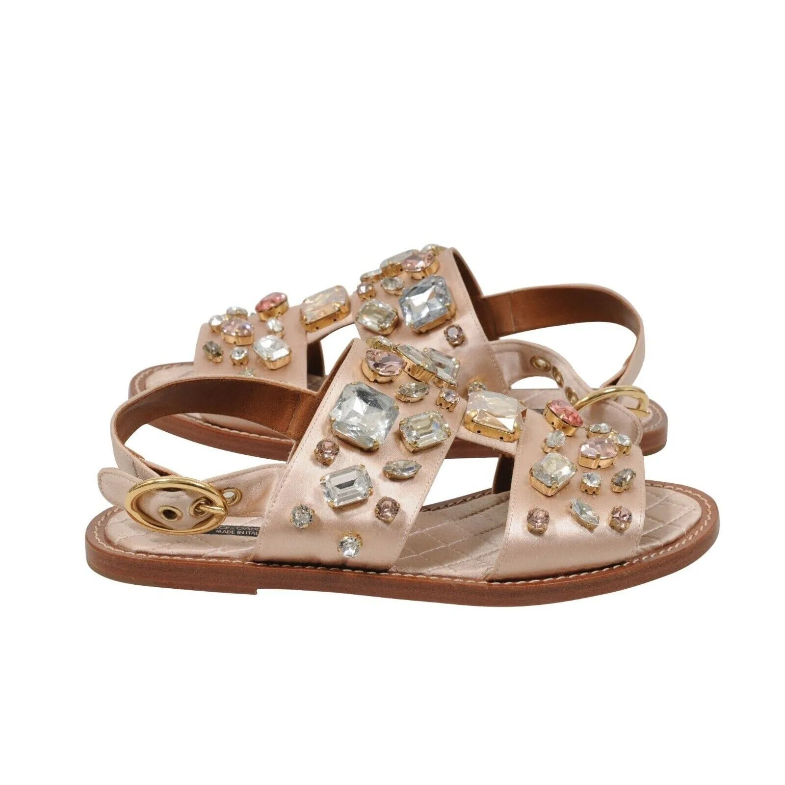 Tan Satin Crystal Bejeweled Mule Flats Sandals