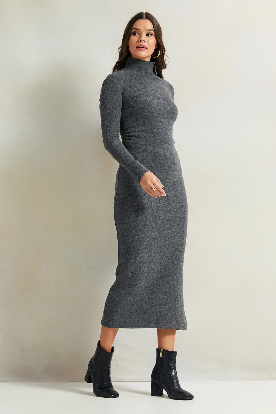 Women Charcoal Knitted Body Cone Dress