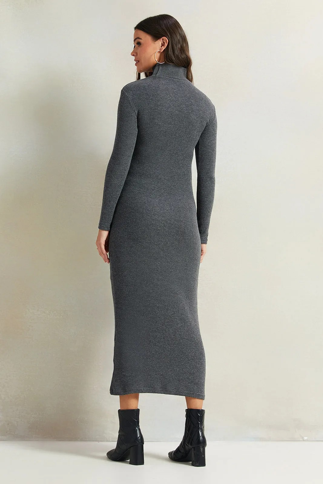 Women Charcoal Knitted Body Cone Dress