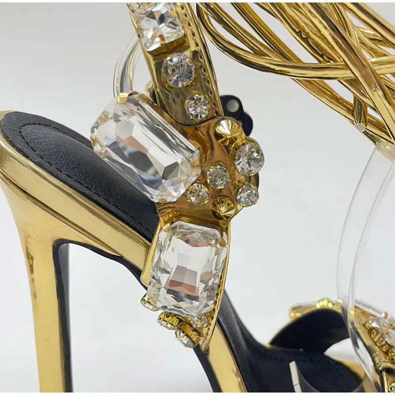 Women Sandals Female Pu Pointed Toe Crystal Fashion