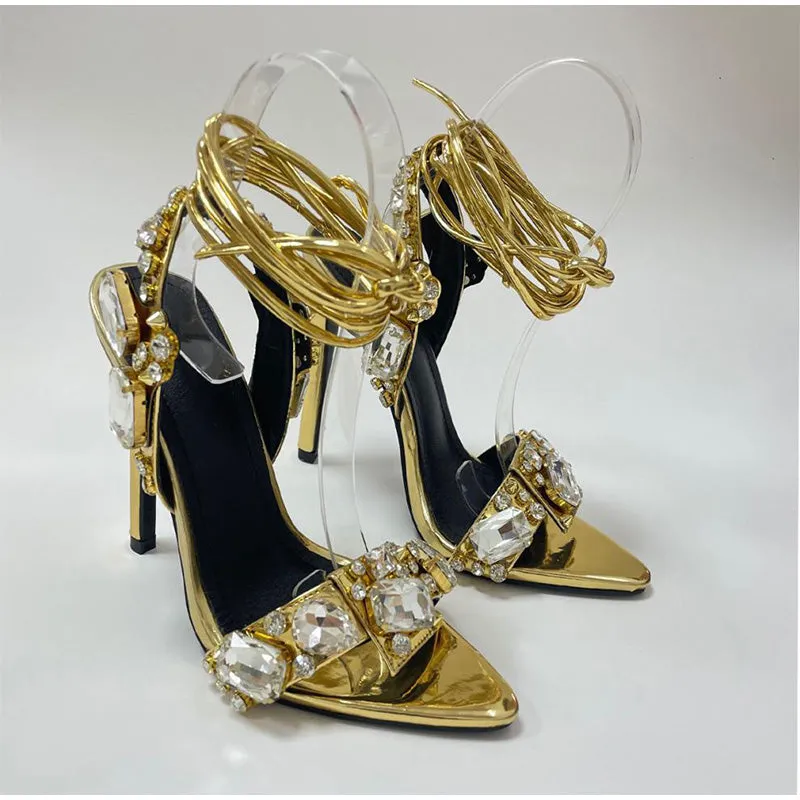 Women Sandals Female Pu Pointed Toe Crystal Fashion