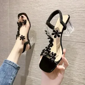 Women Sandals Summer Pvc Crystal Flower Chunky Heel Elegant Shoes